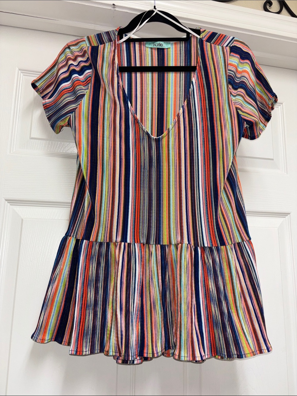 Karlie Multicolor Striped V-Neck Peplum Tunic